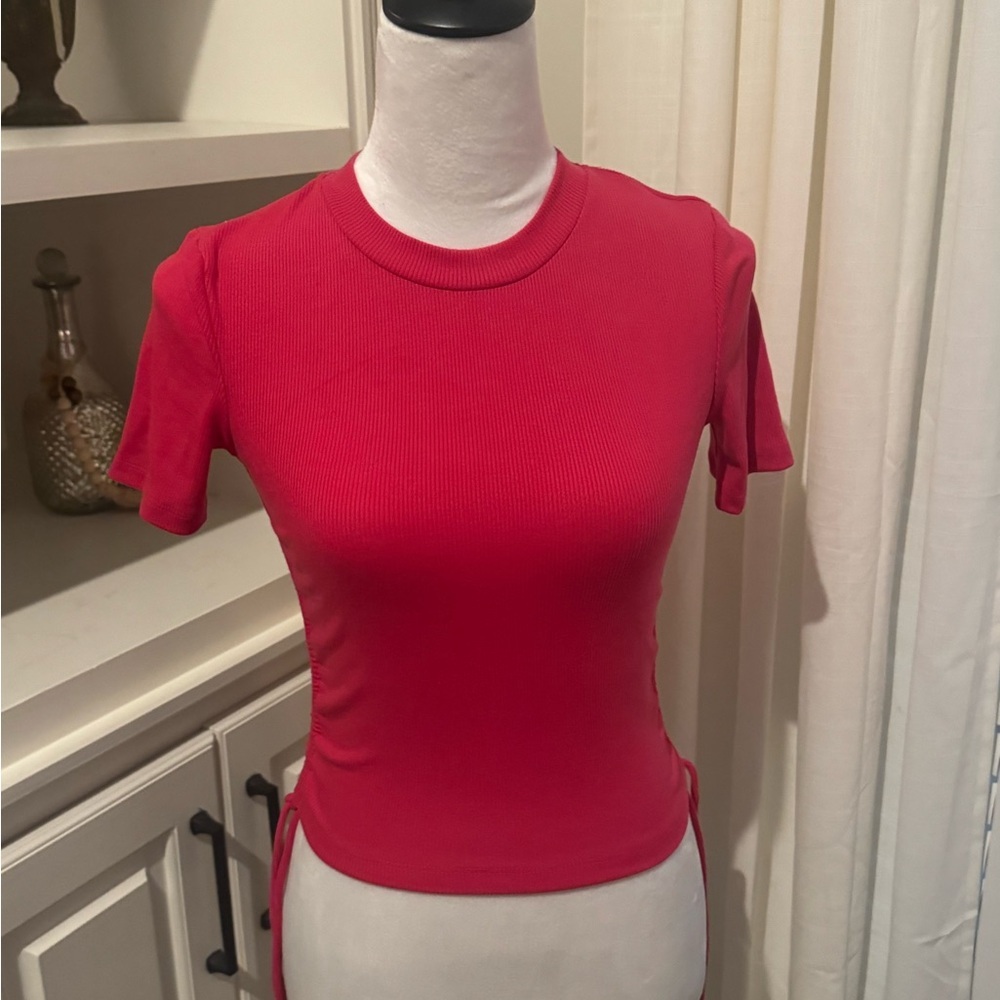ZARA Hot Pink Short Sleeve Ruched Top ribbed crop top with side ties - S NWT